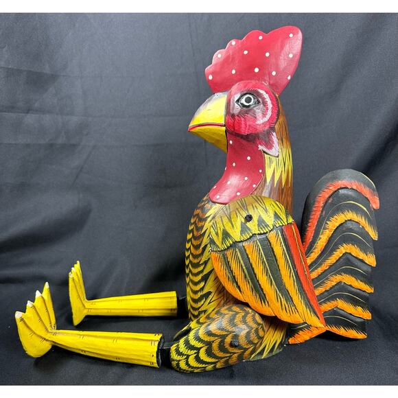 Carved Wood Folk Art Rustic Red & Yellow Painted Jointed Shelf Sitter Rooster - Picture 4 of 10